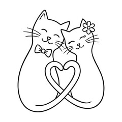 Outline two cats with heart tails. Couple cute animal in love. Vector doodle illustration for Valentines Day postcards, posters, banners or flyers