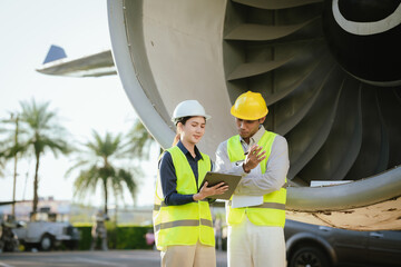 Two aviation engineers wearing safety helmets and reflective vests review technical data on digital tablets in front of a jet engine, emphasizing aircraft maintenance, teamwork, and safety standards.