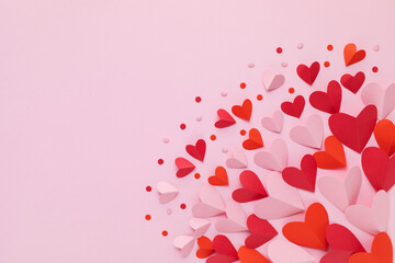 Saint Valentine day background with red and pink paper hearts top view. Festive card border for...