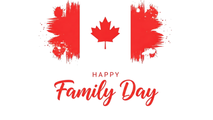 Happy family day celebration design with canadian flag and red brush strokes on black background isolated on transparent background