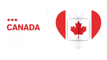 Happy canada day celebration design with heart-shaped flag and maple leaf symbol isolated on transparent background