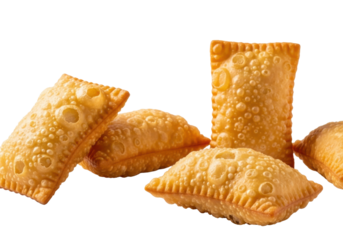 Three golden-brown Brazilian *pastéis* with crispy bubbly texture, deeply fried and artfully arranged on a transparent studio background with copy space. Concept of delicious ethnic food