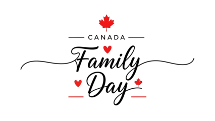 Elegant script design for canadian family day celebration with maple leaf and heart symbols isolated on transparent background