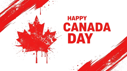 A modern and vibrant grunge design celebrating happy canada day with a red maple leaf symbol isolated on transparent background