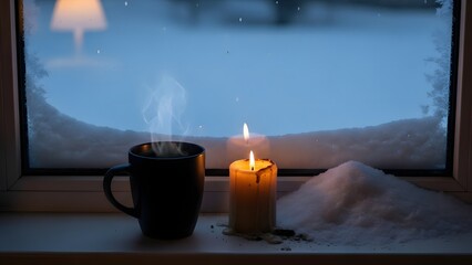 A cozy winter scene with a steaming mug and lit candles on a snowy window sill, creating a warm and inviting atmosphere.