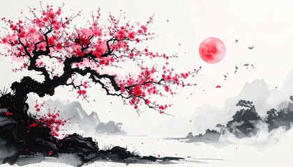 A beautiful brush-drawn ink painting of a cherry blossom tree　筆で描いた美しい桜の木の墨絵