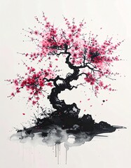 A beautiful brush-drawn ink painting of a cherry blossom tree　筆で描いた美しい桜の木の墨絵