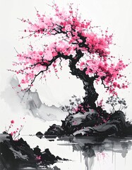 A beautiful brush-drawn ink painting of a cherry blossom tree　筆で描いた美しい桜の木の墨絵