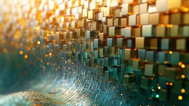Golden and green cubical blocks forming a dynamic wave, representing futuristic data streams and technological innovation with glowing bokeh particles