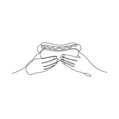 Obraz premium Minimalist line art illustration of hands holding a hot dog