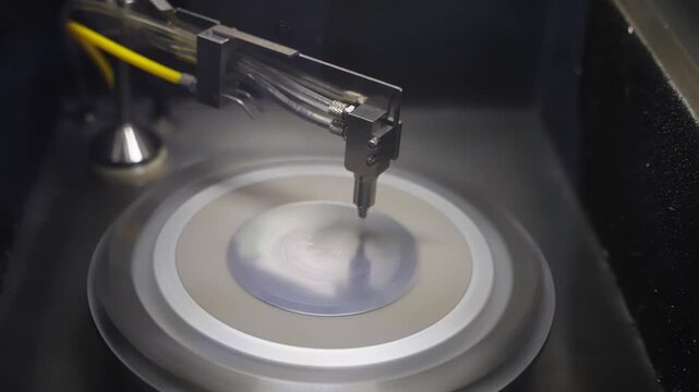 Close-up of a precision audio lathe cutterhead engraving concentric grooves into a spinning lacquer disc on a turntable platter, showing the process of vinyl record mastering.