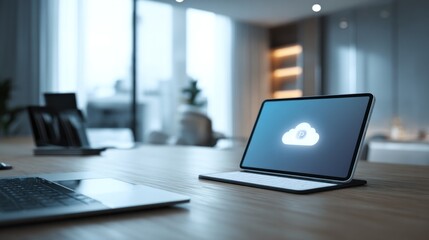 Tablet with cloud symbol on table