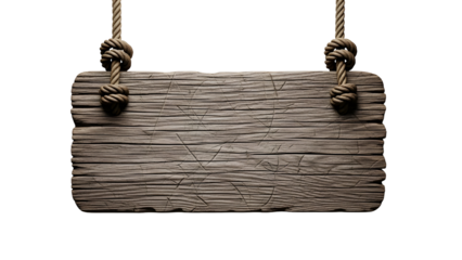 Blank wooden sign hanging on rope isolated on transparent background