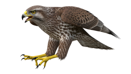 Brown and white falcon in flight isolated on transparent background