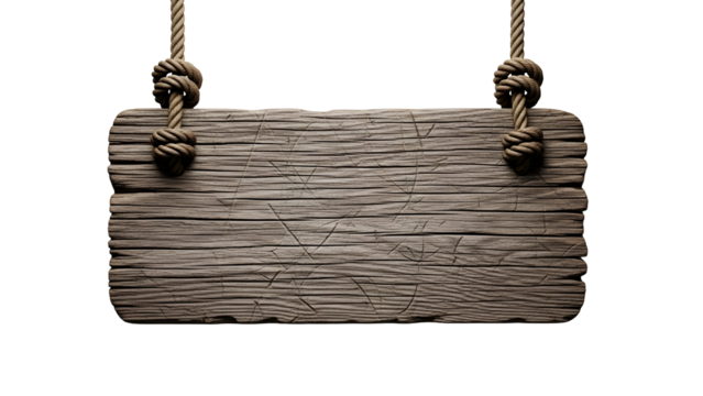 Blank wooden sign hanging on rope isolated on transparent background - Powered by Adobe