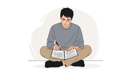 Young man sitting cross-legged writing in notebook, creative illustration
