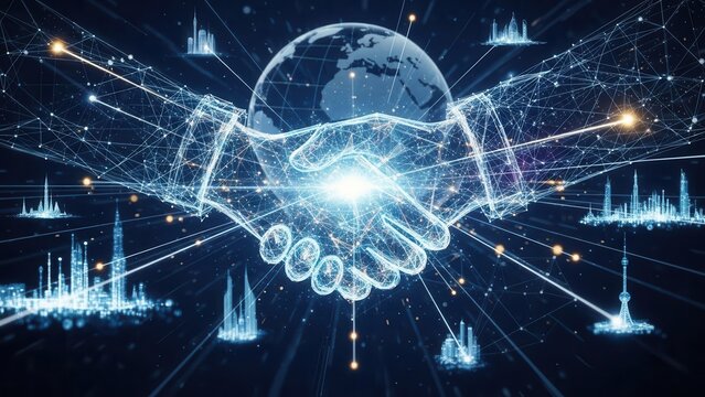 Abstract global business networking concept with futuristic handshake visualization - Powered by Adobe