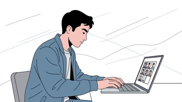 Young man in video conference on laptop, remote work, online meeting, diverse team collaboration - Powered by Adobe