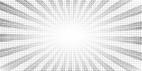 Abstract halftone sunburst background. Pop art comic book strip cover design. Explosion, isolated retro style comics radial background.