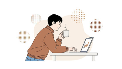 Young Man Working on Laptop with Coffee, Business Analytics on Screen