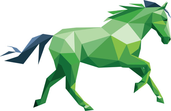 Geometric low poly green horse running vector illustration for modern logo design and creative branding projects.