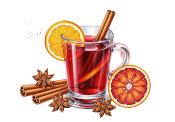 Highly detailed watercolor still life: clear glass mug with deep red mulled wine, orange, cinnamon stick, star anise, blood orange on white background with warm splatters, festive winter comfort