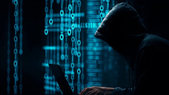 Mysterious Hacker in Dark Environment with Digital Code Background