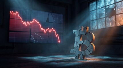 Broken dollar sign with declining stock market graph in background