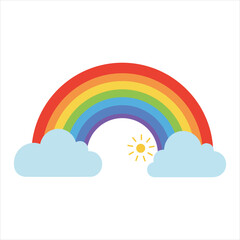 A vibrant rainbow arches over fluffy white clouds and a shining sun