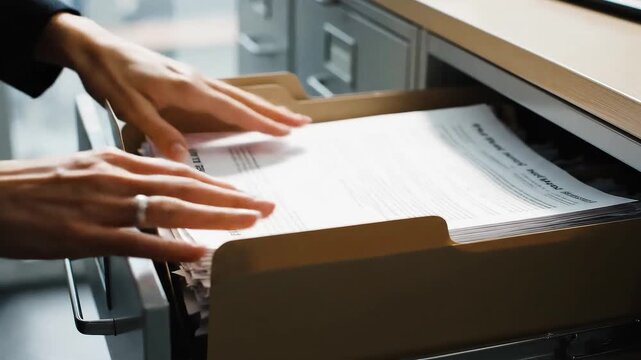 Hands filing final draft documents, Organizing documents in an office filing cabinet