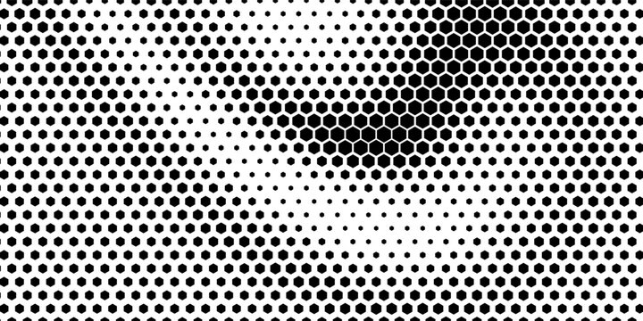 Hexagon halftone gradient texture. Abstract black grunge background. Geometric retro halftone tech overlay. Fading wavy hexagonal pattern backdrop. Vector vanishing honeycomb grunge bitmap wallpaper