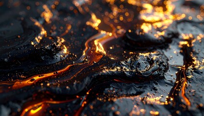 Lava flows move slowly across a rocky surface, creating bright orange and yellow patterns against a dark background