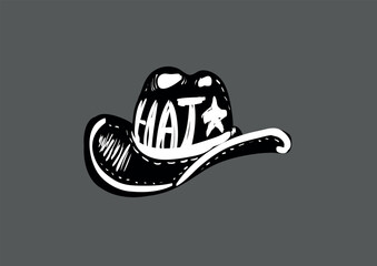 Black and white illustration of a cowboy hat with intricate shading details. Vector illustration in sketch style