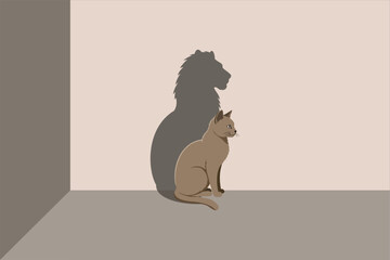 Cat sitting calmly while casting a lion shadow on the wall, symbolizing confidence, self belief, inner strength, courage, ambition, and powerful mindset concept. Vector illustration. 