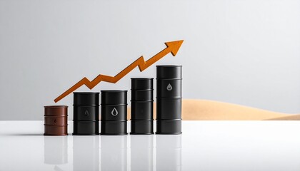 Oil barrel growth trend shown with rising arrow and six barrels on a clean surface emphasizing market increase in production