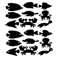 Vector Silhouette Icon Set of Diverse Sea Animals, Marine Life, and Ocean Creatures