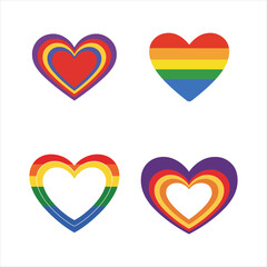 Four colorful hearts with rainbow designs representing love and inclusivity