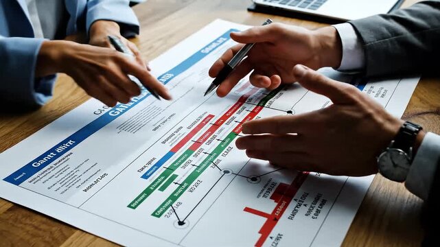 Hands reviewing project timeline chart, Team analyzing project management chart