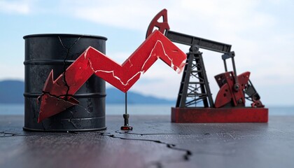 Oil market decline shown with red arrow and oil barrel on cracked surface near pumpjack set against a distant landscape