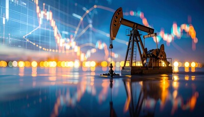 Oil pump jack and financial data on display during nighttime in an industrial setting
