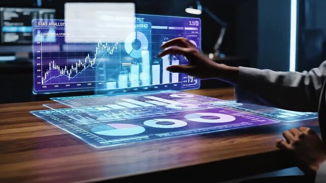 Futuristic holographic data analysis interface, SaaS analytics concept, layered holographic dashboards hovering over desk surface