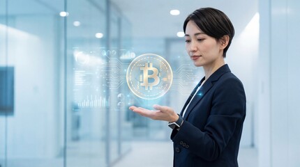 Businesswoman holding Bitcoin in modern office