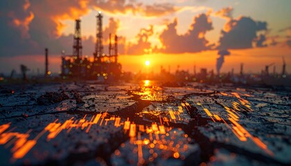 Sunset over an industrial area with oil rigs and vibrant sky during evening hours near the city