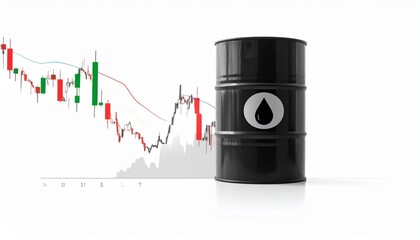Trading session showing oil barrel next to financial chart with price movement and candlestick patterns from a specific day