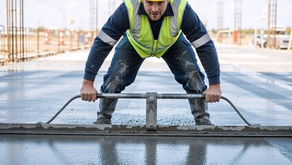 Construction worker leveling wet concrete with a screed tool. Professional builder in safety gear smoothing a cement floor on a construction site. Infrastructure development and manual labor concept