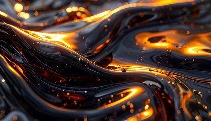 Swirling patterns of dark liquid with golden highlights in motion during artistic display