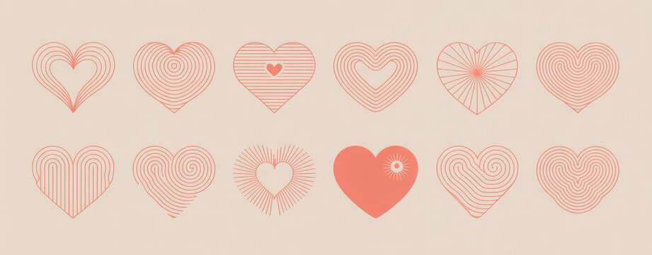 Bohemian Valentines day abstract linear art hearts. Minimalist geometric Valentines heart symbols, elements. Love, wedding, valentines concept illustration 