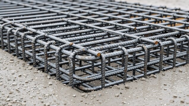Steel rebar reinforcement cage for concrete foundation. Metal grid structure on construction site