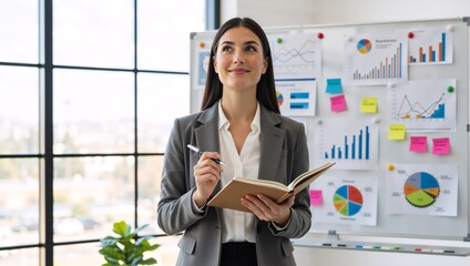 Professional businesswoman brainstorming in a modern office. Young woman with notebook and pen by whiteboard with charts and graphs. Business strategy and data analysis concept