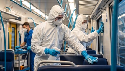 Professional cleaning team disinfecting train interior. Workers in protective suits and masks sanitizing public transport subway car